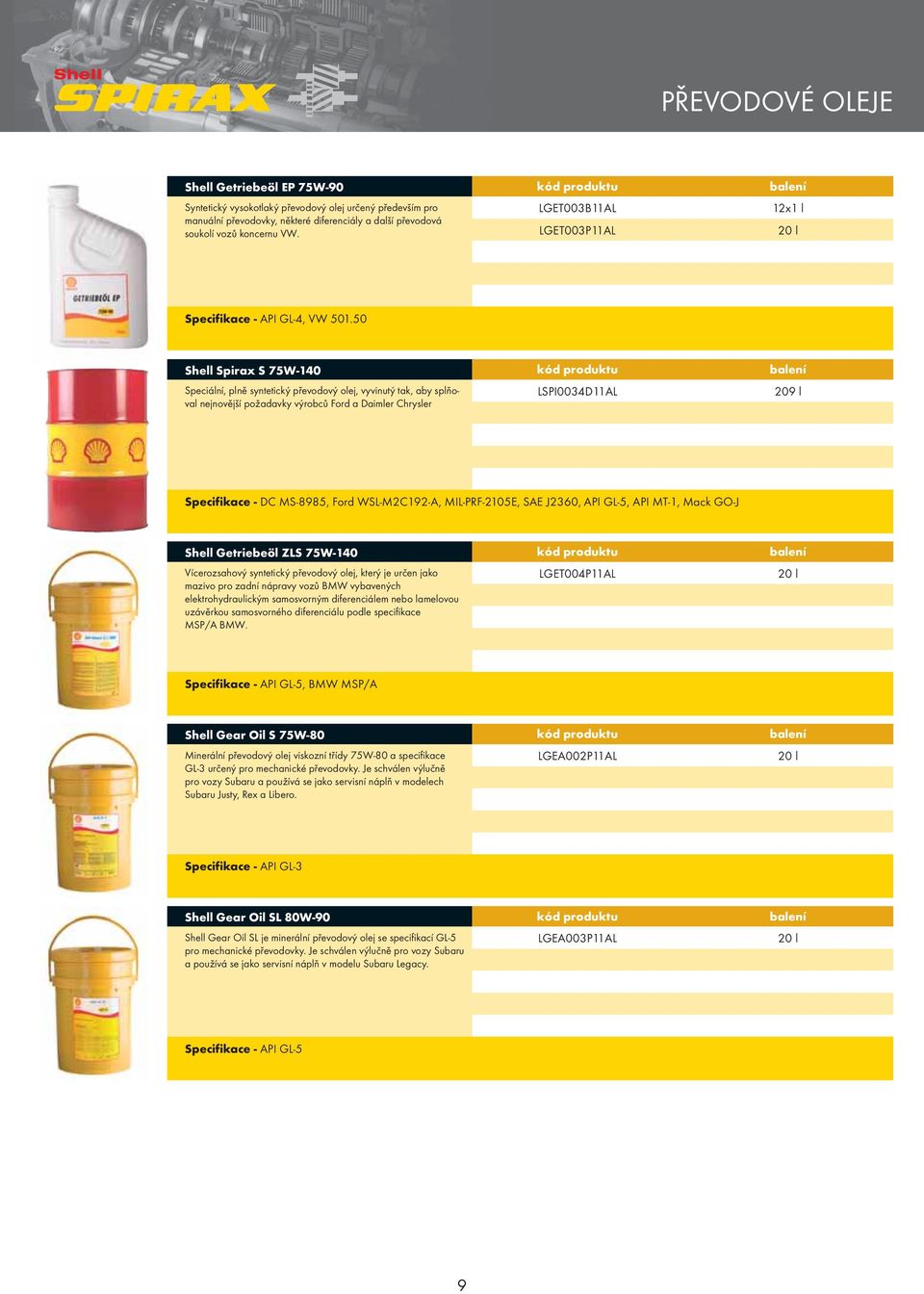 50 Shell Spirax S 75W-140 kód produktu balení Speciální, plně syntetický převodový olej, vyvinutý tak, aby splňoval LSPI0034D11AL nejnovější požadavky výrobců Ford a Daimler Chrysler Specifikace - DC