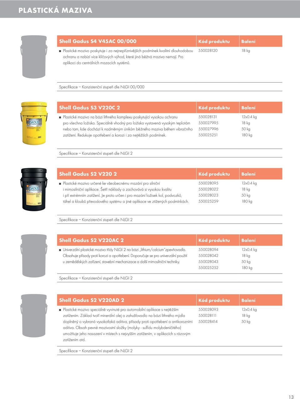 550028120 18 kg Specifi kace Konzistenční stupeň dle NLGI 00/000 Shell Gadus S3 V220C 2 Kód produktu Balení Plastické mazivo na bázi lithného komplexu poskytující vysokou ochranu pro všechna ložiska.