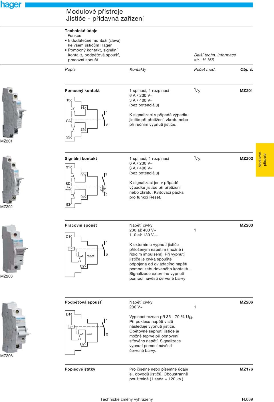 Pomocný kontakt spínací, rozpínací /2 MZ20 6 A / 20 V~ A / 400 V~ (bez potenciálu) K signalizaci v případě výpadku jističe při přetížení, zkratu nebo při ručním vypnutí jističe.