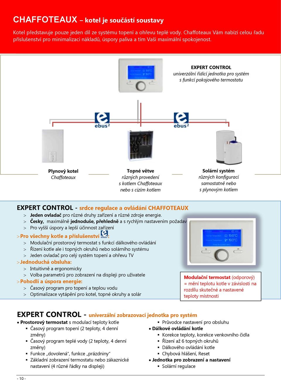 EXPERT CONTROL univerzální řídící jednotka pro systém s funkcí pokojového termostatu Plynový kotel Chaffoteaux Topné větve různých provedení s kotlem Chaffoteaux nebo s cizím kotlem Solární systém