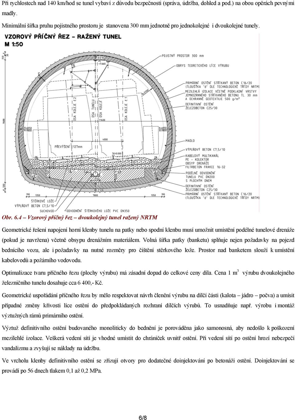 4 Vzorový příčný řez dvoukolejný tunel ražený NRTM Geometrické řešení napojení horní klenby tunelu na patky nebo spodní klenbu musí umožnit umístění podélné tunelové drenáže (pokud je navržena)