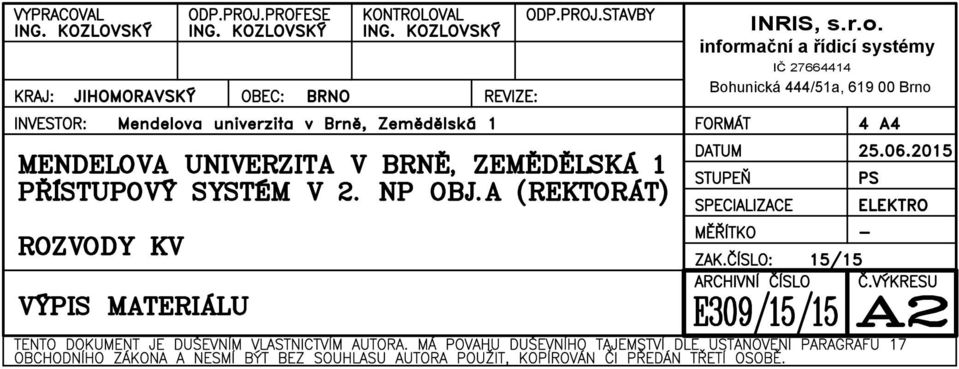 PŘÍSTUPOVÝ SYSTÉM V 2. NP OBJ.A (REKTORÁT) DATUM STUPEŇ SPECIALIZACE 25.06.2015 PS ELEKTRO ROZVODY VÝPIS KV MATERIÁLU MĚŘÍTKO ZAK.ČÍSLO: 15/15 ARCHIVNÍ ČÍSLO Č.