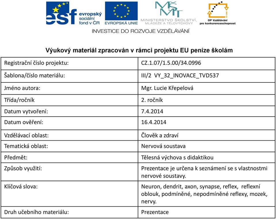 2014 Datum ověření: 16.4.2014 Vzdělávací oblast: Tematická oblast: Předmět: Způsob využití: Klíčová slova: Druh učebního materiálu: Člověk a zdraví