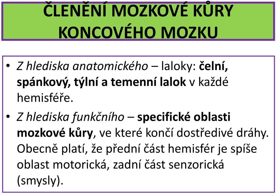 Z hlediska funkčního specifické oblasti mozkové kůry, ve které končí