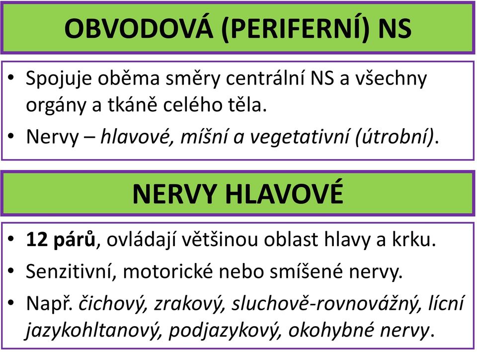 NERVY HLAVOVÉ 12 párů, ovládají většinou oblast hlavy a krku.