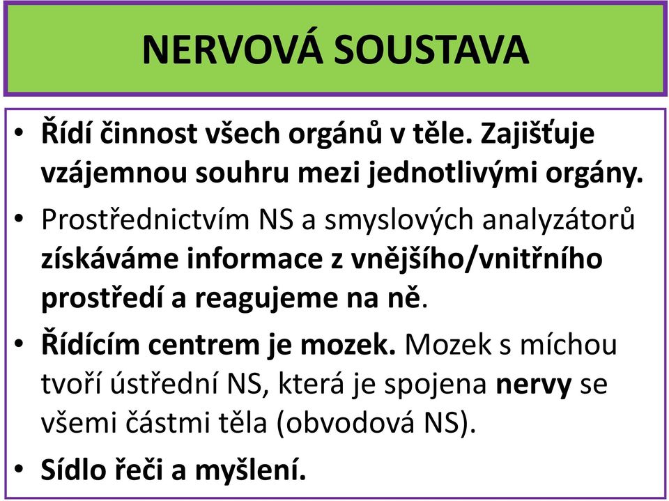 Prostřednictvím NS a smyslových analyzátorů získáváme informace z vnějšího/vnitřního