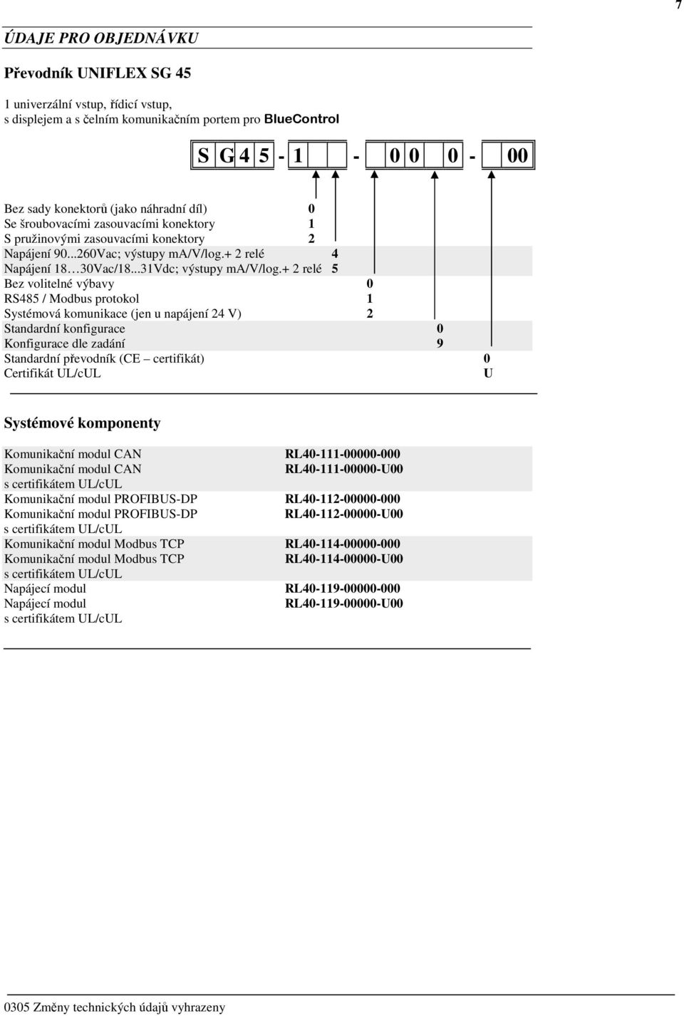 + 2 relé 5 Bez volitelné výbavy 0 RS485 / Modbus protokol 1 Systémová komunikace (jen u napájení 24 V) 2 Standardní konfigurace 0 Konfigurace dle zadání 9 Standardní převodník (CE certifikát) 0