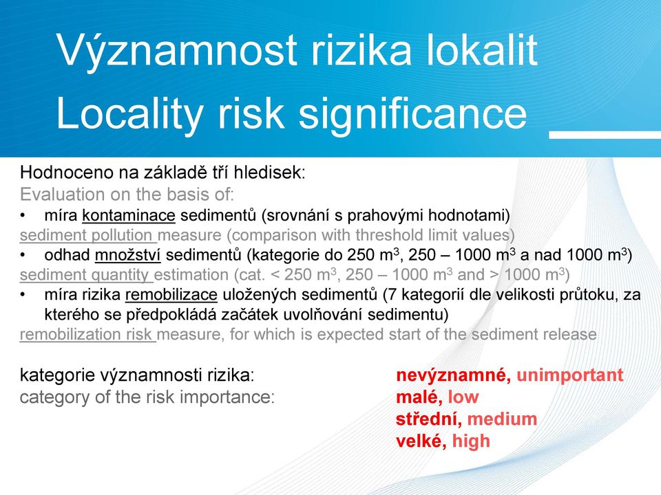 < 250 m 3, 250 1000 m 3 and > 1000 m 3 ) míra rizika remobilizace uložených sedimentů (7 kategorií dle velikosti průtoku, za kterého se předpokládá začátek uvolňování sedimentu)