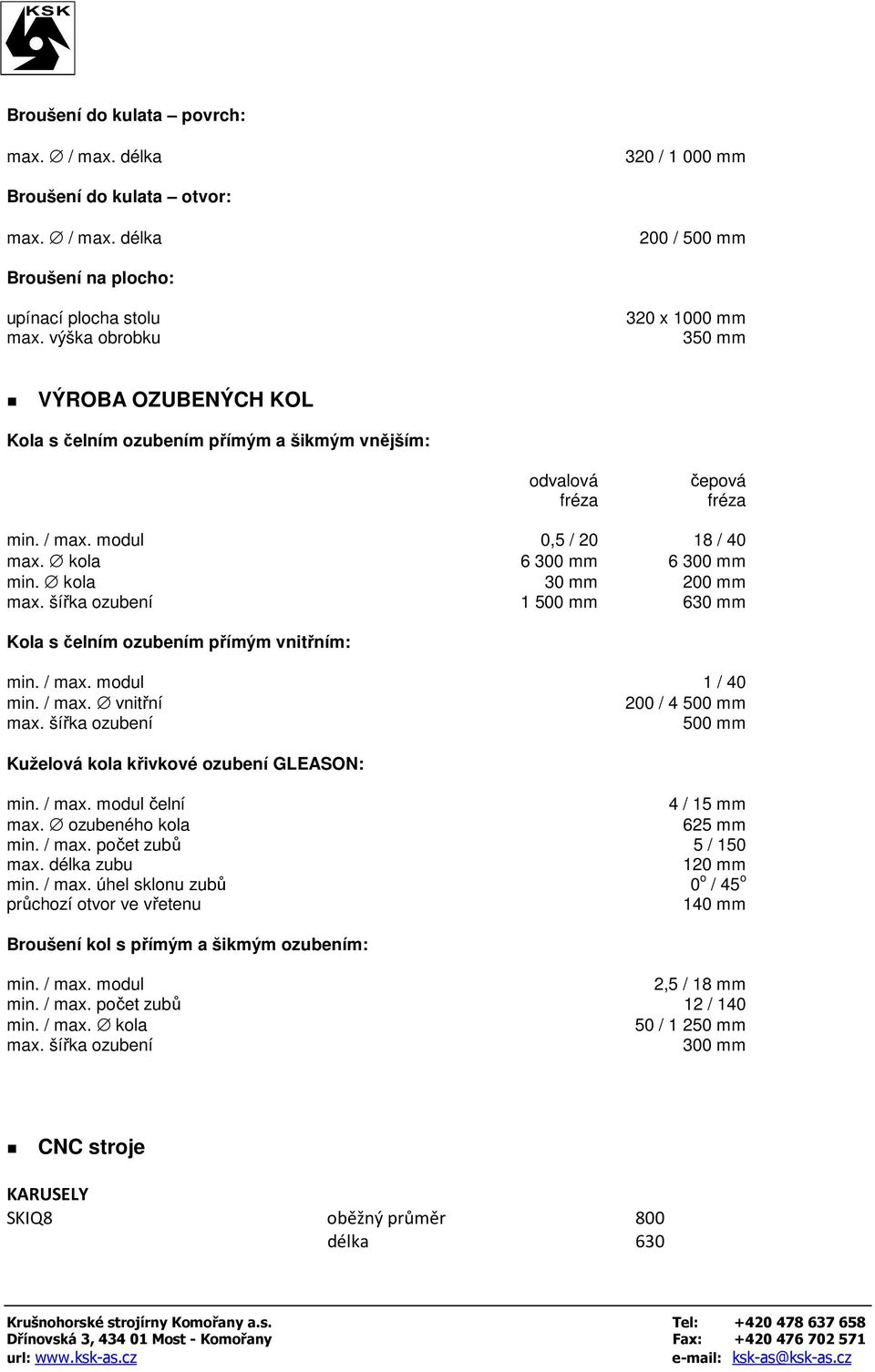 kola 30 mm 200 mm max. šířka ozubení 1 500 mm 630 mm Kola s čelním ozubením přímým vnitřním: min. / max. modul 1 / 40 min. / max. vnitřní 200 / 4 500 mm max.