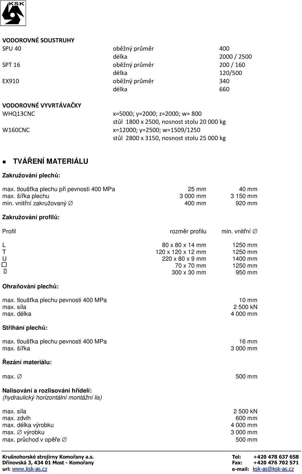 tloušťka plechu při pevnosti 400 MPa 25 mm 40 mm max. šířka plechu 3 000 mm 3 150 mm min. vnitřní zakružovaný 400 mm 920 mm Zakružování profilů: Profil rozměr profilu min.