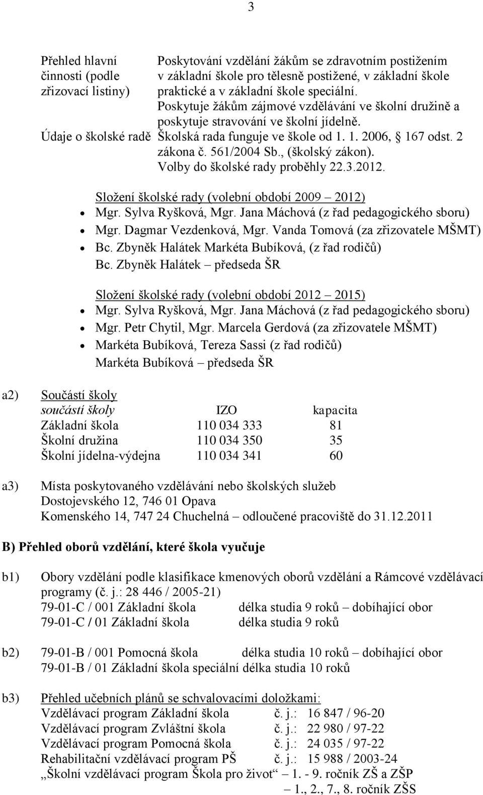 , (školský zákon). Volby do školské rady proběhly 22.3.2012. Složení školské rady (volební období 2009 2012) Mgr. Sylva Ryšková, Mgr. Jana Máchová (z řad pedagogického sboru) Mgr.