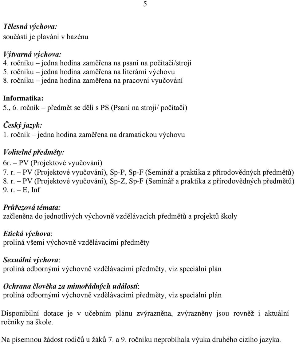 ročník jedna hodina zaměřena na dramatickou výchovu Volitelné předměty: 6r. PV (Projektové vyučování) 7. r. PV (Projektové vyučování), Sp-P, Sp-F (Seminář a praktika z přírodovědných předmětů) 8. r. PV (Projektové vyučování), Sp-Z, Sp-F (Seminář a praktika z přírodovědných předmětů) 9.