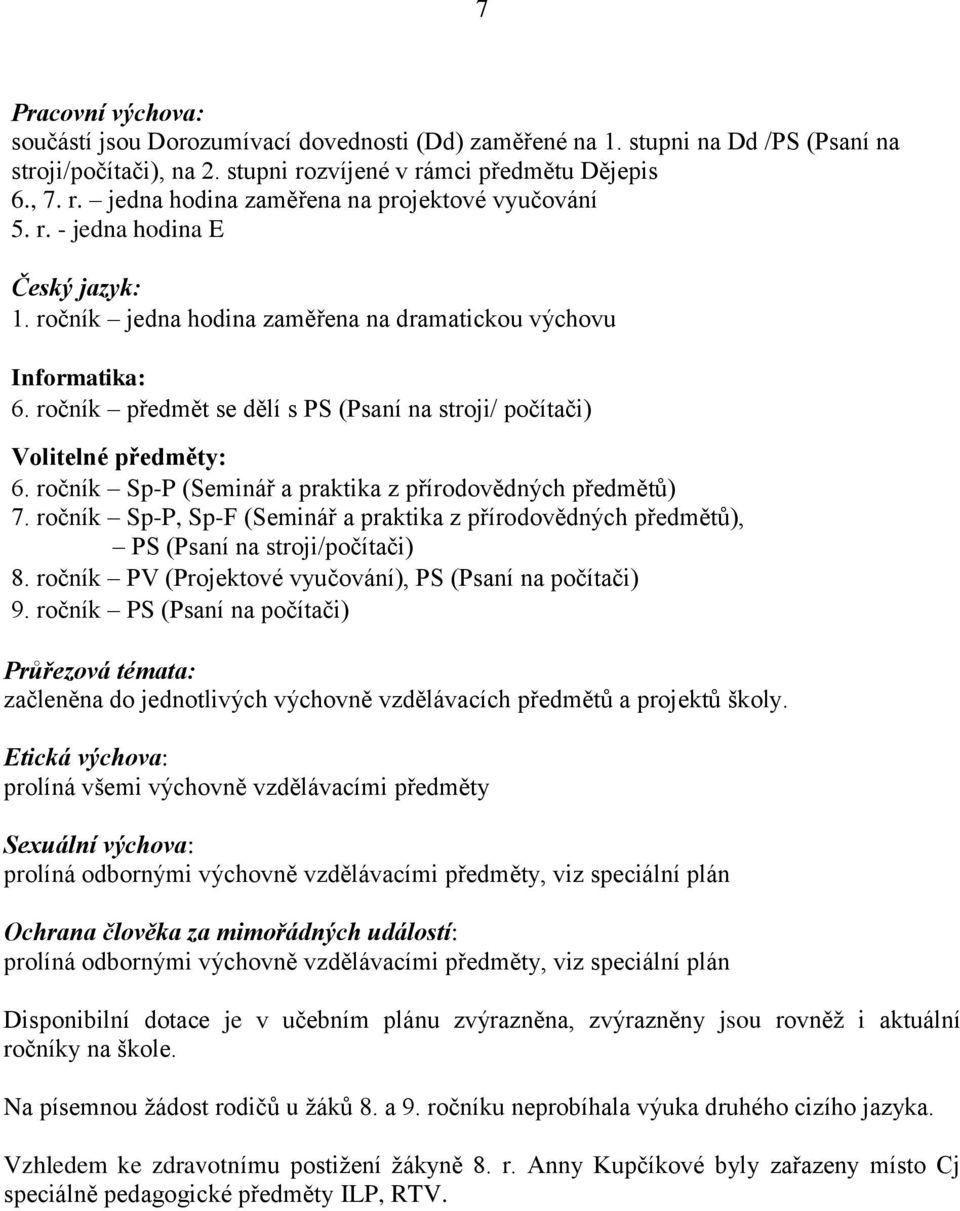 ročník Sp-P (Seminář a praktika z přírodovědných předmětů) 7. ročník Sp-P, Sp-F (Seminář a praktika z přírodovědných předmětů), PS (Psaní na stroji/počítači) 8.