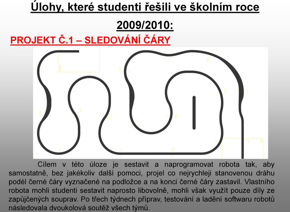 co nejrychleji stanovenou dráhu podél černé čáry vyznačené na podložce a na konci černé čáry zastavil.