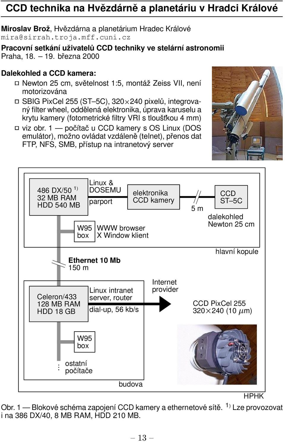 března 2000 Dalekohled a CCD kamera: Newton 25 cm, světelnost 1:5, montáž Zeiss VII, není motorizována SBIG PixCel 255 (ST 5C), 320 240 pixelů, integrovaný filter wheel, oddělená elektronika, úprava