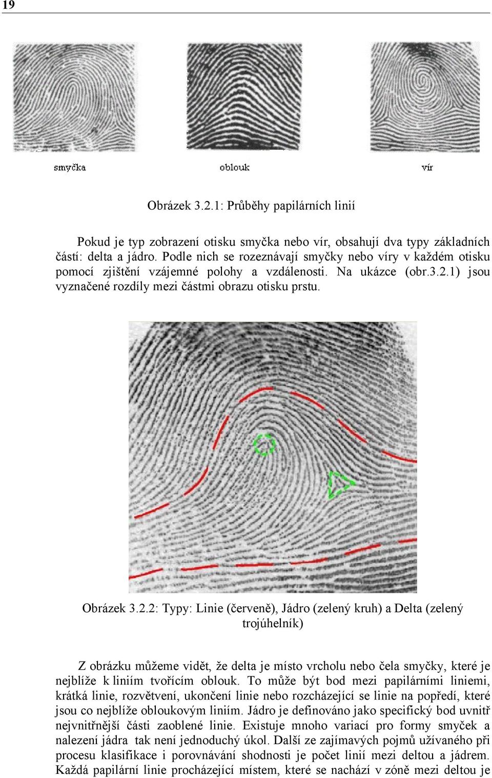 1) jsou vyznačené rozdíly mezi částmi obrazu otisku prstu. Obrázek 3.2.