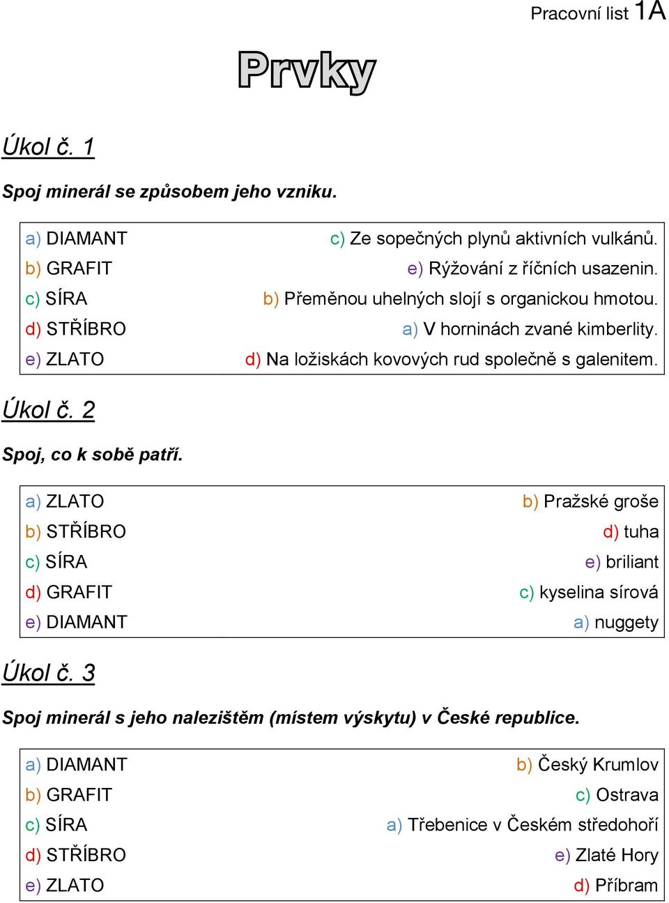 e) ZLATO d) Na ložiskách kovových rud společně s galenitem. Úkol č. 2 Spoj, co k sobě patří.