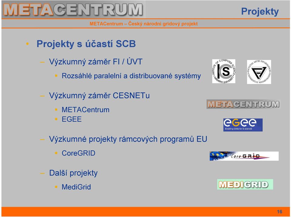 Výzkumný záměr CESNETu METACentrum EGEE Výzkumné