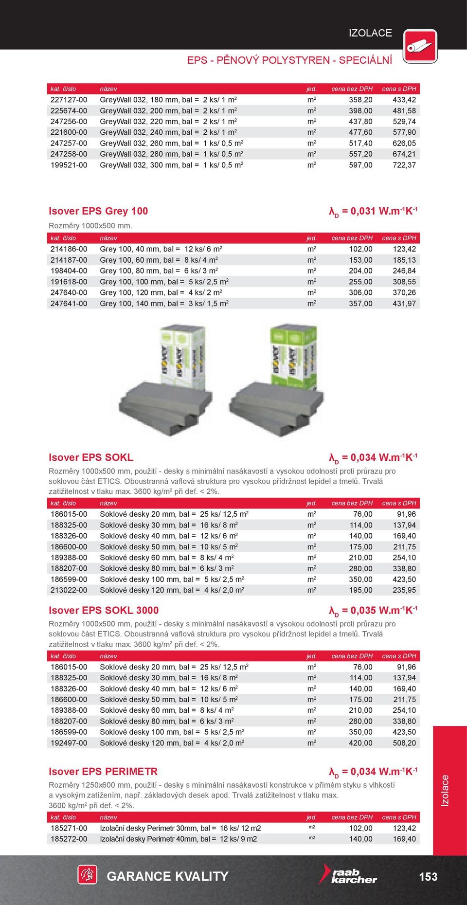 032, 280 mm, bal = 1 ks/ 0,5 m 2 m 2 557,20 674,21 199521-00 GreyWall 032, 300 mm, bal = 1 ks/ 0,5 m 2 m 2 597,00 722,37 Isover EPS Grey 100 λ D = 0,031 W.m -1 K -1 Rozměry 1000x500 mm.