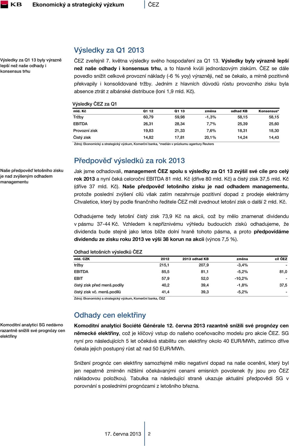 ČEZ se dále povedlo snížit celkové provozní náklady (-6 % yoy) výrazněji, než se čekalo, a mírně pozitivně překvapily i konsolidované tržby.