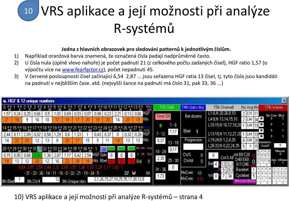 2) U čísla nula (úplně vlevo nahoře) je počet padnutí 21 (z celkového počtu zadaných čísel), HGF ratio 1,57 (o výpočtu více na www.fearfactor.