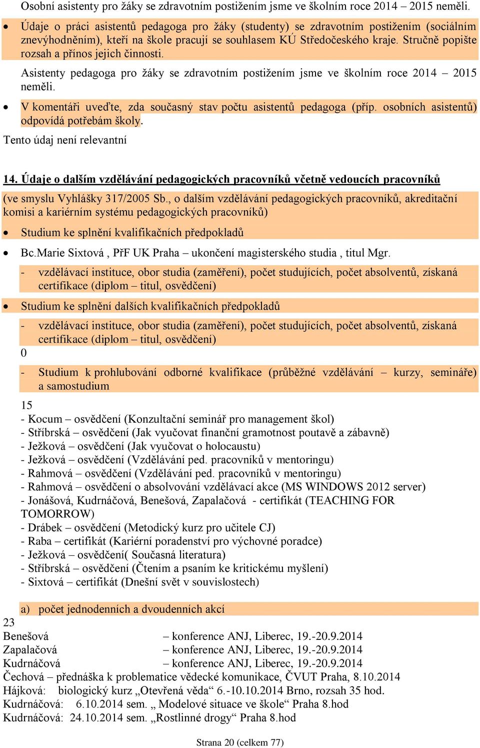 Stručně popište rozsah a přínos jejich činnosti. Asistenty pedagoga pro žáky se zdravotním postižením jsme ve školním roce 2014 2015 neměli.