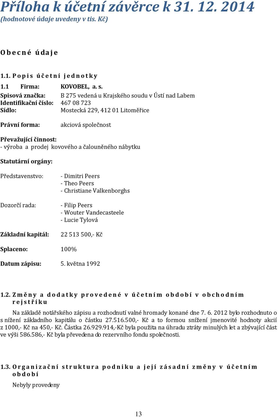 Spisová značka: B 275 vedená u Krajského soudu v Ústí nad Labem Identifikační číslo: 467 08 723 Sídlo: Mostecká 229, 412 01 Litoměřice Právní forma: akciová společnost Převažující činnost: - výroba a