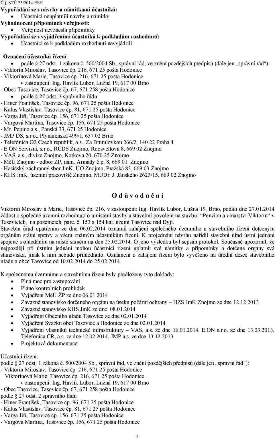 , správní řád, ve znění pozdějších předpisů (dále jen správní řád ): - Viktorín Miroslav, Tasovice čp. 216, 671 25 pošta Hodonice - Viktorínová Marie, Tasovice čp.