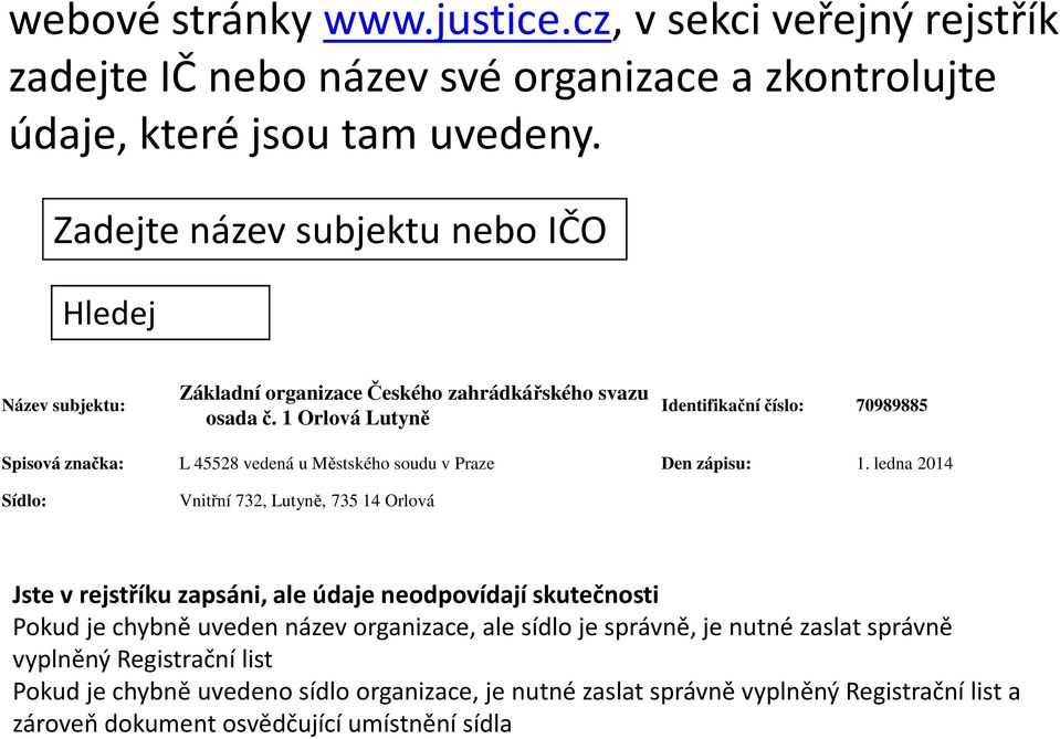 1 Orlová Lutyně Identifikační číslo: 70989885 Spisová značka: L 45528 vedená u Městského soudu v Praze Den zápisu: 1.