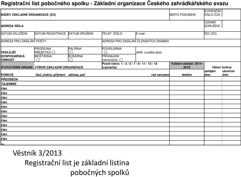 ČÍSLO E-mail: IČO (ZO) ADRESA PRO ZASÍLÁNÍ POŠTY ADRESA PRO ZASÍLÁNÍ ČLENSKÝCH ZNÁMEK VEDLEJŠÍ HOSPODÁŘSKÁ ČINNOST PRODEJNA PŘEBYTKŮ MOŠTÁRNA PALÍRNA SUŠÁRNA STATUTÁRNÍ ORGÁN: VÝBOR