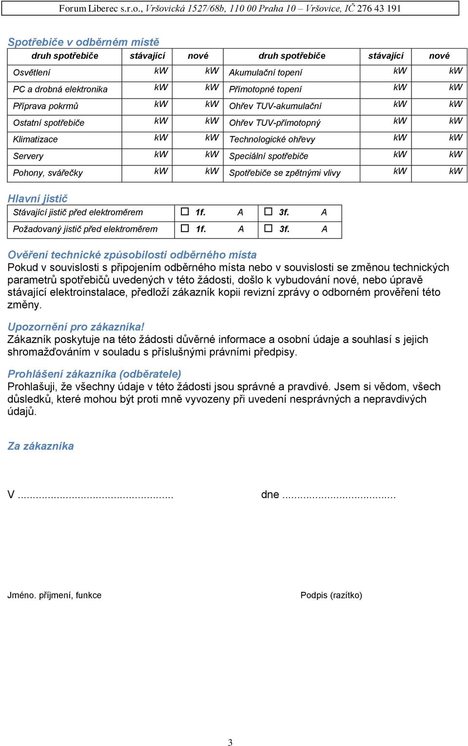 Spotřebiče se zpětnými vlivy kw kw Hlavní jistič Stávající jistič před elektroměrem 1f. A 3f.