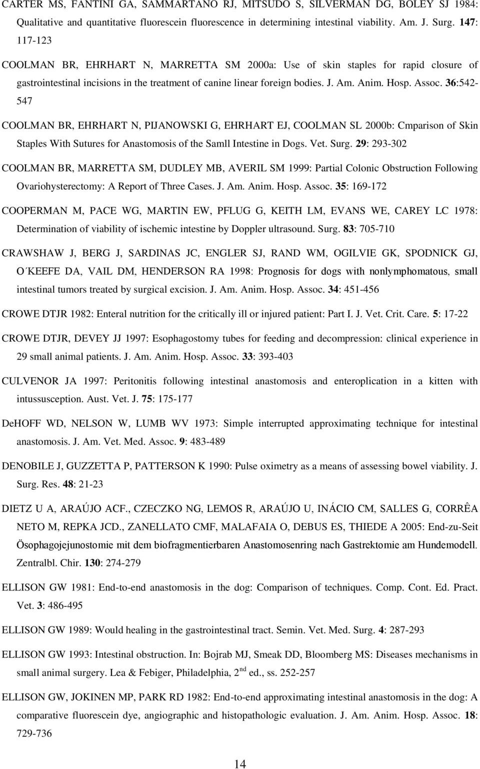 36:542-547 COOLMAN BR, EHRHART N, PIJANOWSKI G, EHRHART EJ, COOLMAN SL 2000b: Cmparison of Skin Staples With Sutures for Anastomosis of the Samll Intestine in Dogs. Vet. Surg.