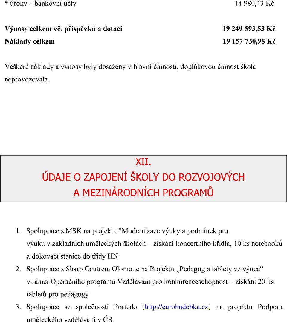 ÚDAJE O ZAPOJENÍ ŠKOLY DO ROZVOJOVÝCH A MEZINÁRODNÍCH PROGRAMŮ 1.