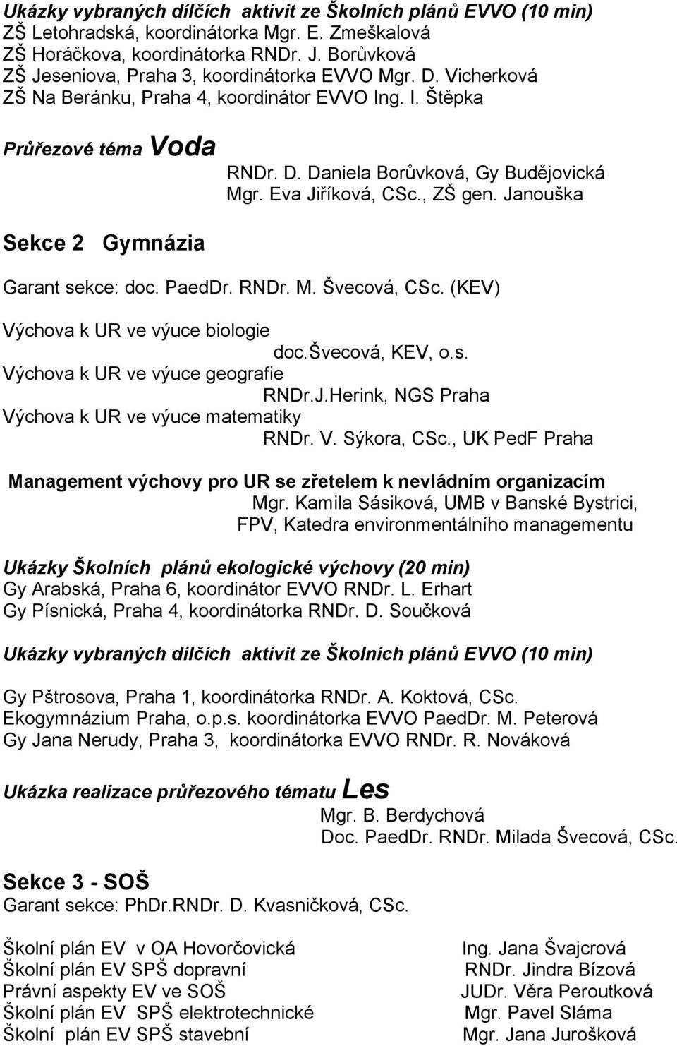 Eva Jiříková, CSc., ZŠ gen. Janouška Sekce 2 Gymnázia Garant sekce: doc. PaedDr. RNDr. M. Švecová, CSc. (KEV) Výchova k UR ve výuce biologie doc.švecová, KEV, o.s. Výchova k UR ve výuce geografie RNDr.