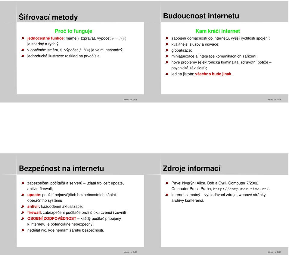 problémy (elektronická kriminalita, zdravotní potíže psychická závislost); jediná jistota: všechno bude jinak. Internet p. 25/28 Internet p.