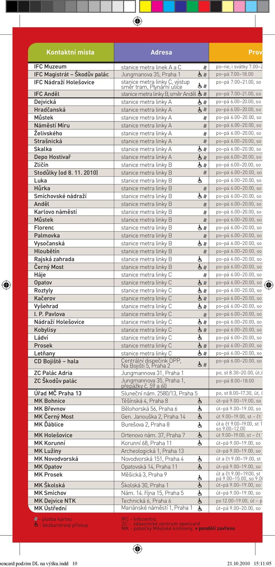 00 20.00, so Hradčanská stanice metra linky A po pá 6.00 20.00, so Můstek stanice metra linky A po pá 6.00 20.00, so Náměstí Míru stanice metra linky A po pá 6.00 20.00, so Želivského stanice metra linky A po pá 6.