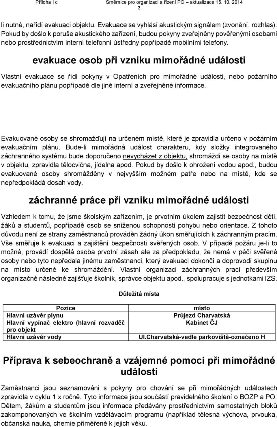 evakuace osob při vzniku mimořádné události Vlastní evakuace se řídí pokyny v Opatřeních pro mimořádné události, nebo požárního evakuačního plánu popřípadě dle jiné interní a zveřejněné informace.