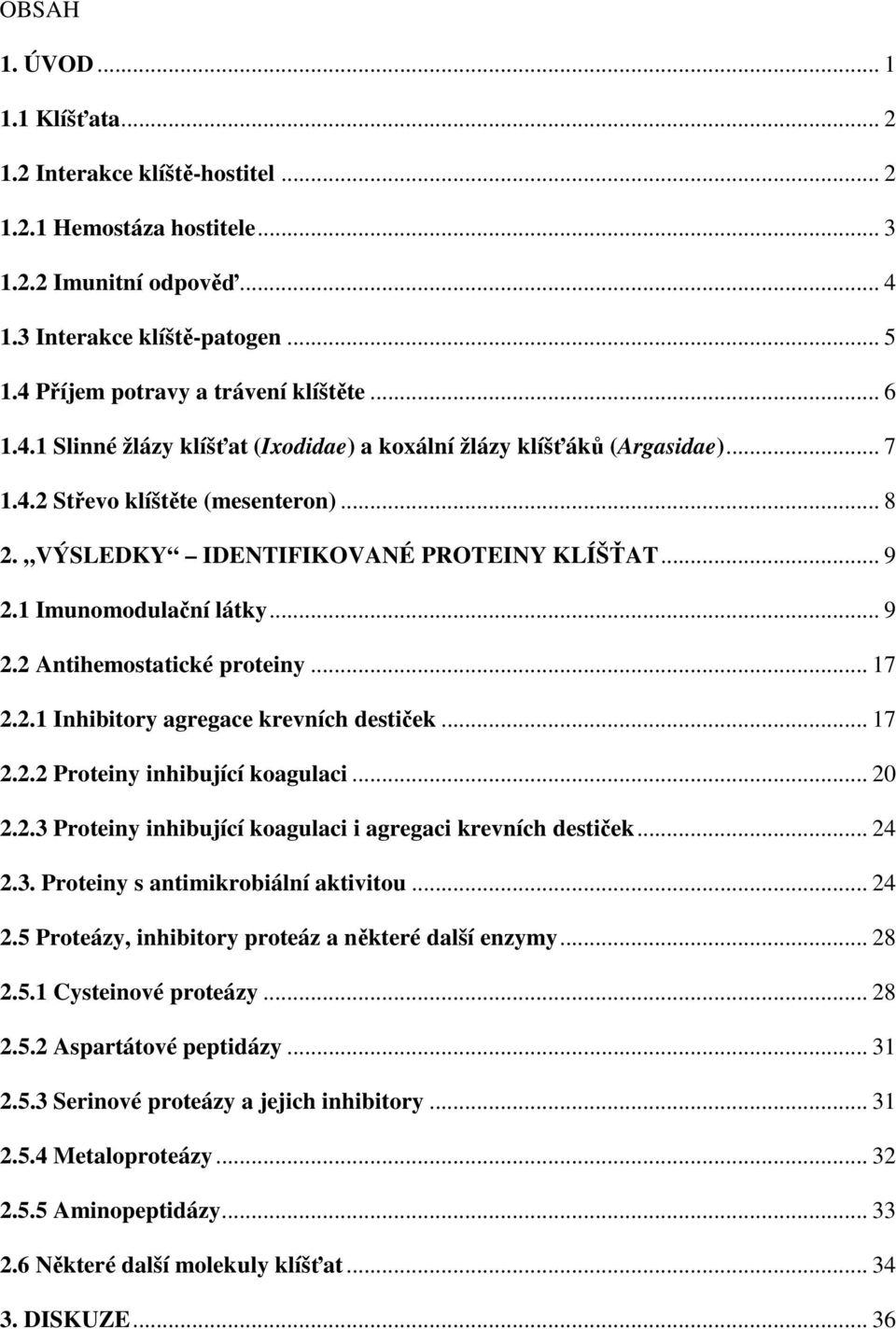 VÝSLEDKY IDENTIFIKOVANÉ PROTEINY KLÍŠŤAT... 9 2.1 Imunomodulační látky... 9 2.2 Antihemostatické proteiny... 17 2.2.1 Inhibitory agregace krevních destiček... 17 2.2.2 Proteiny inhibující koagulaci.