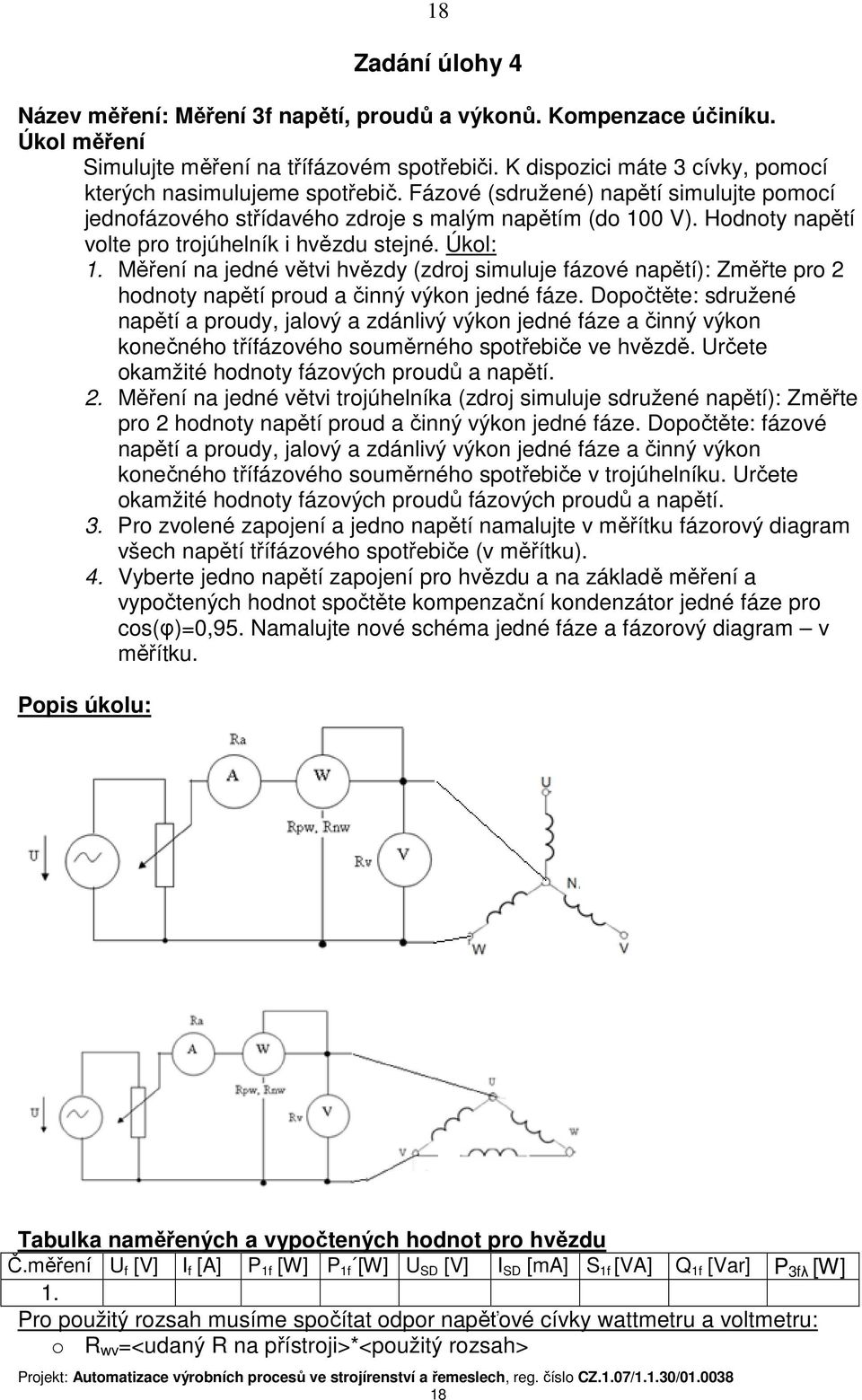 Hodnoty napětí volte pro trojúhelník i hvězdu stejné. Úkol: 1. Měření na jedné větvi hvězdy (zdroj simuluje fázové napětí): Změřte pro 2 hodnoty napětí proud a činný výkon jedné fáze.