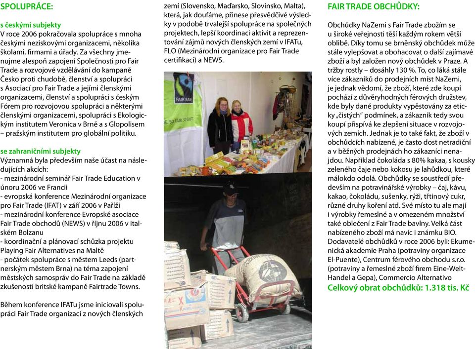 členství a spolupráci s českým Fórem pro rozvojovou spolupráci a některými členskými organizacemi, spolupráci s Ekologickým institutem Veronica v Brně a s Glopolisem pražským institutem pro globální
