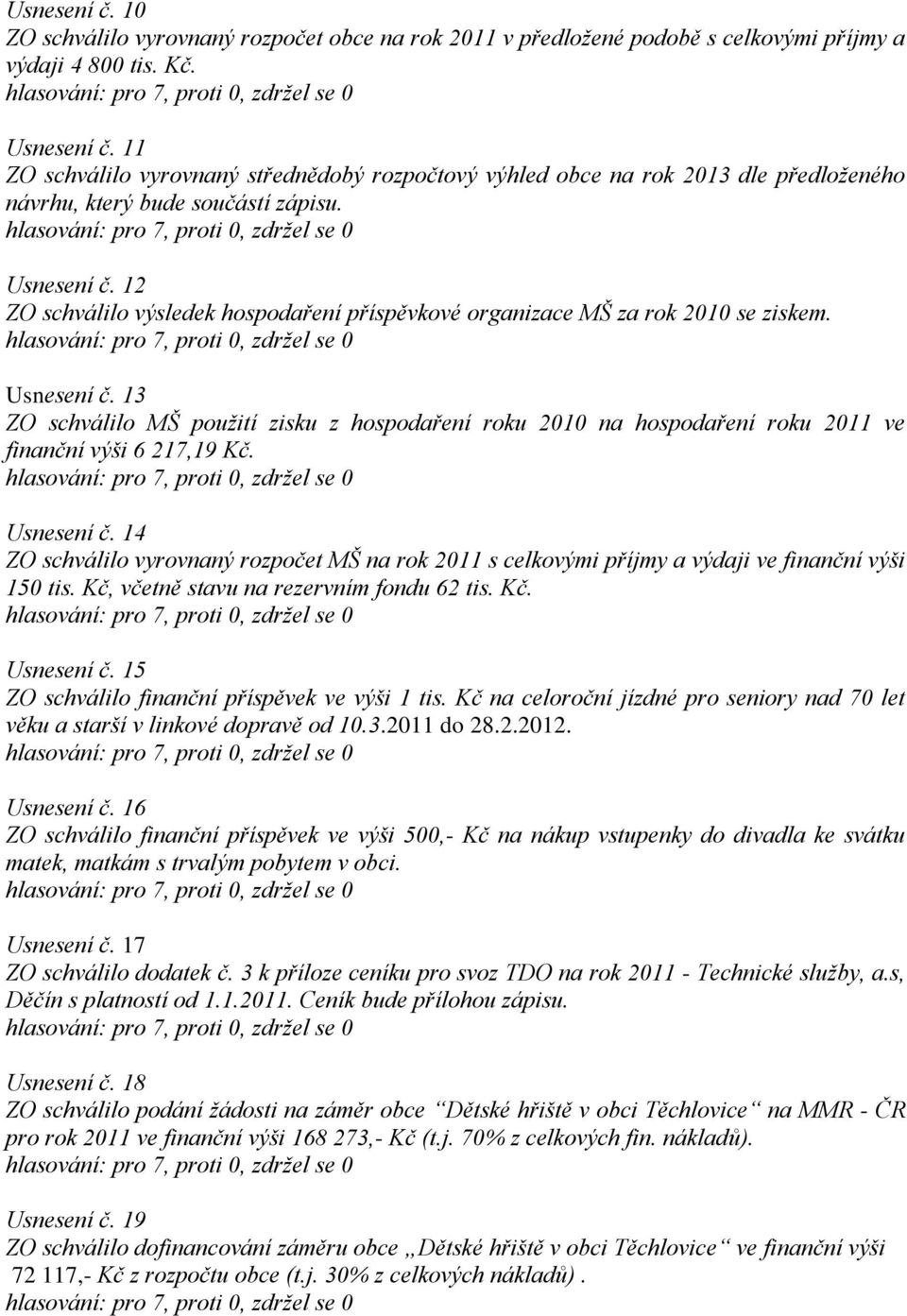 12 ZO schválilo výsledek hospodaření příspěvkové organizace MŠ za rok 2010 se ziskem. Usnesení č.