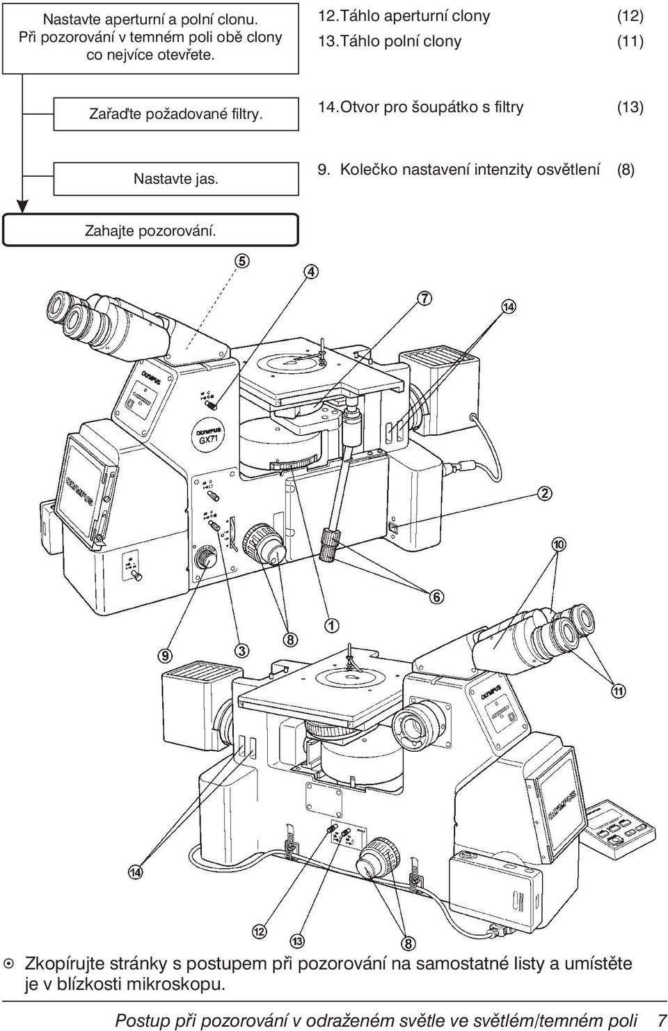 Otvor pro šoupátko s filtry (13) Nastavte jas. 9. Kolečko nastavení intenzity osvětlení (8) Zahajte pozorování.
