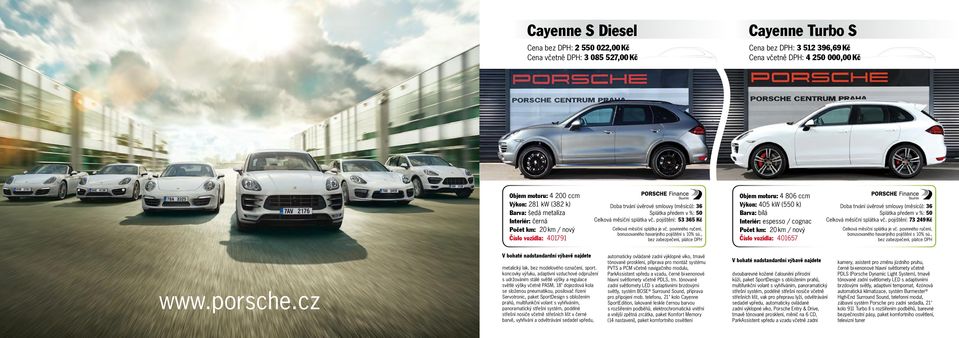 pojištění: 53 365 Kč Objem motoru: 4 806 ccm Výkon: 405 kw (550 k) Barva: bílá Interiér: espesso / cognac Číslo vozidla: 401657 Celková měsíční splátka vč. pojištění: 73 249 Kč www.porsche.