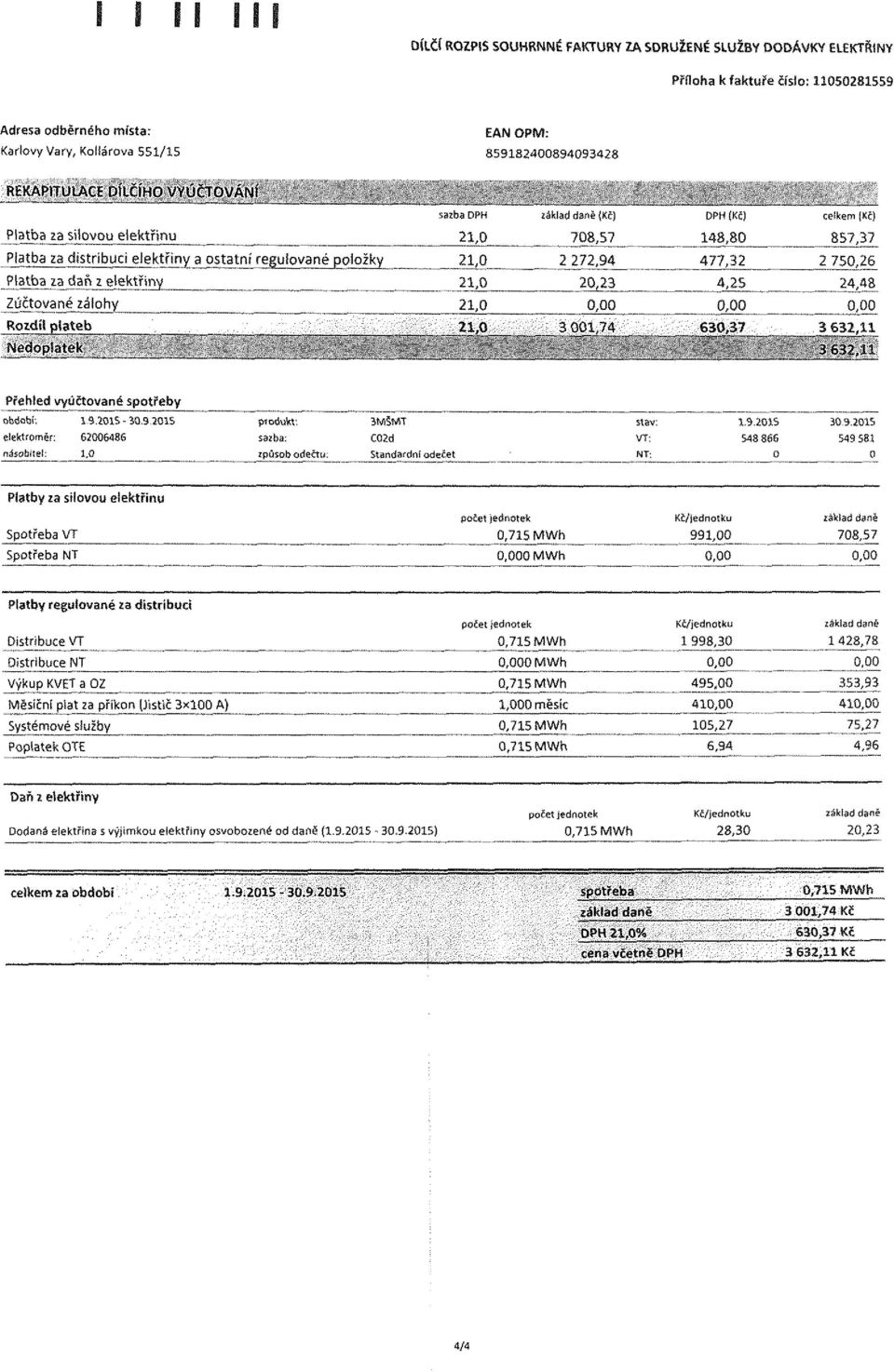 elektřiny^ 20,23 4,25 24,48 Zúčtované zálohy_ Rozdíl plateb 3 001,74 630,37 3 632,11 3 632,11 Přehled vyúčtované spotřeby období; elektroměr: násobíte!: 1.9.201S-30.9.201S 62006486 1.