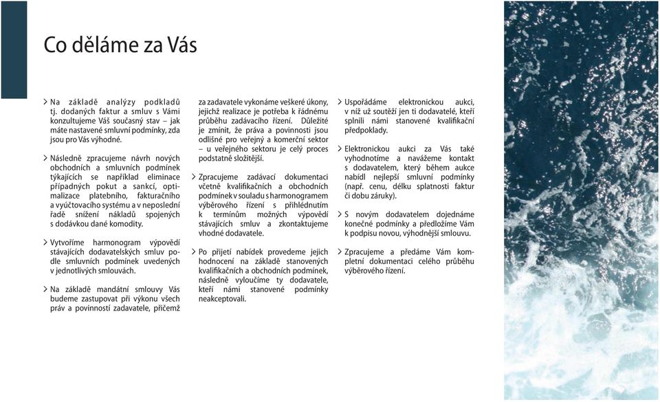 neposlední řadě snížení nákladů spojených s dodávkou dané komodity. Vytvoříme harmonogram výpovědí stávajících dodavatelských smluv podle smluvních podmínek uvedených v jednotlivých smlouvách.