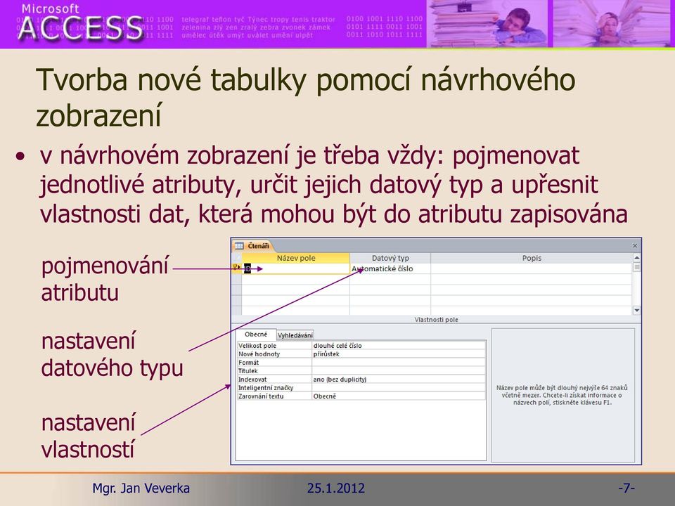 jejich datový typ a upřesnit vlastnosti dat, která mohou být do