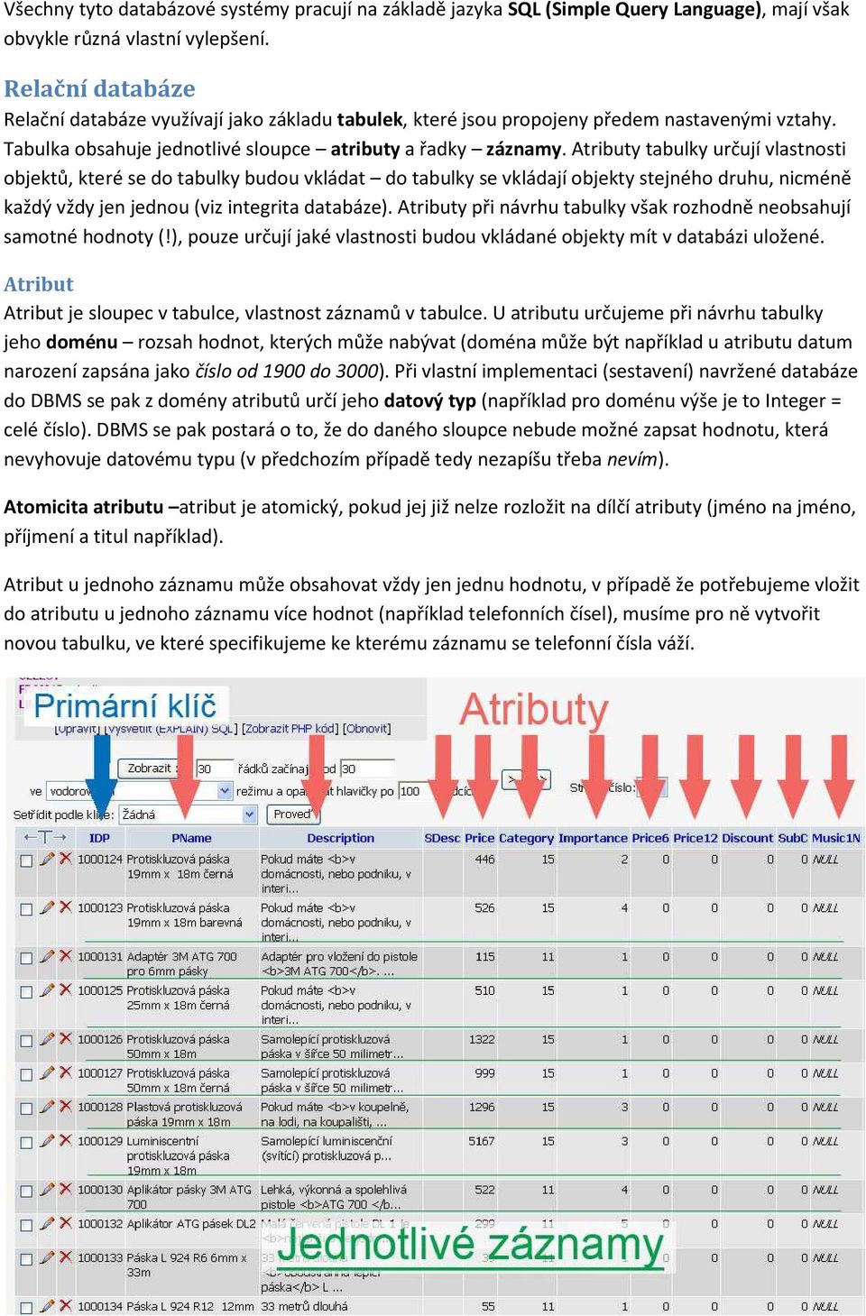 Atributy tabulky určují vlastnosti objektů, které se do tabulky budou vkládat do tabulky se vkládají objekty stejného druhu, nicméně každý vždy jen jednou (viz integrita databáze).