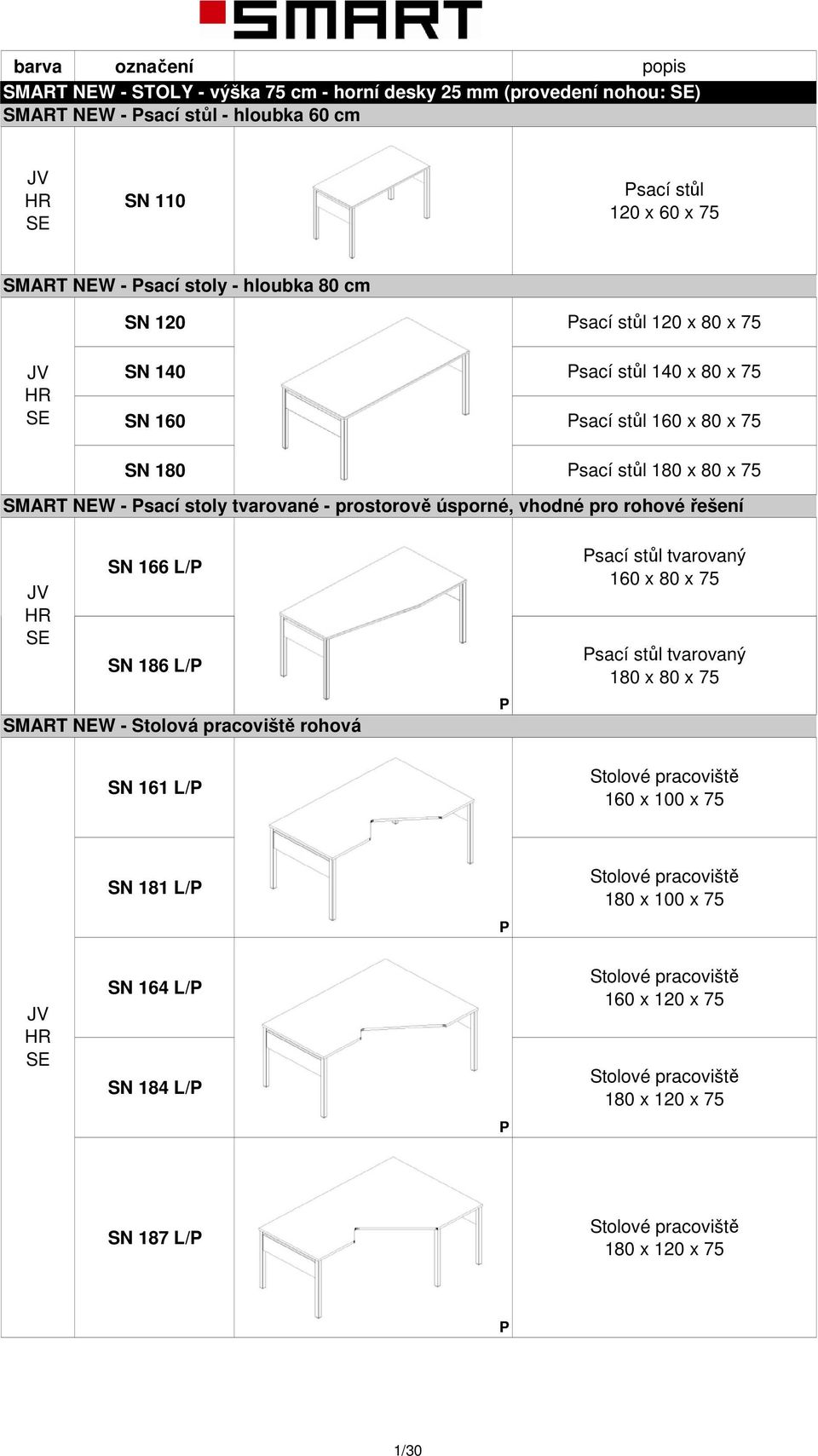 pro rohové řešení SN 166 /P SN 186 /P Psací stůl tvarovaný 160 x 80 x 75 Psací stůl tvarovaný 180 x 80 x 75 SMART NEW - Stolová pracoviště rohová P SN 161 /P Stolové pracoviště 160 x 100