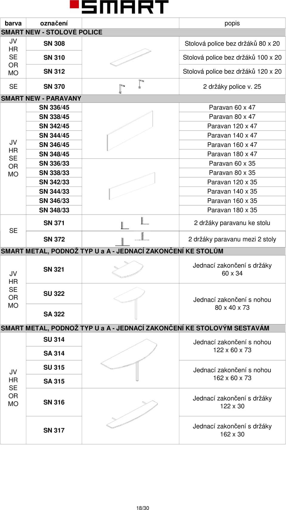 Paravan 60 x 35 SN 338/33 Paravan 80 x 35 SN 342/33 Paravan 120 x 35 SN 344/33 Paravan 140 x 35 SN 346/33 Paravan 160 x 35 SN 348/33 Paravan 180 x 35 SN 371 SN 372 SMART META, PODNOŽ TYP U a A -