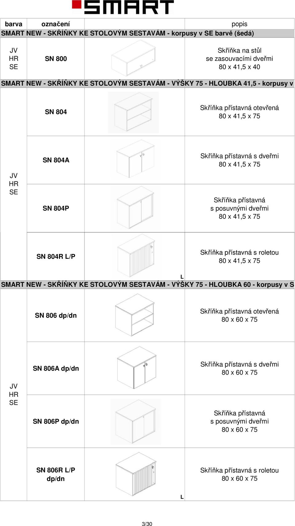 SN 804R /P Skříňka přístavná s roletou 80 x 41,5 x 75 SMART NEW - SKŘÍŇKY KE STOOVÝM STAVÁM - VÝŠKY 75 - HOUBKA 60 - korpusy v barv SN 806 dp/dn Skříňka přístavná otevřená 80 x 60 x